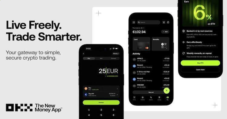 OKX promotional graphic with three mobile app screens